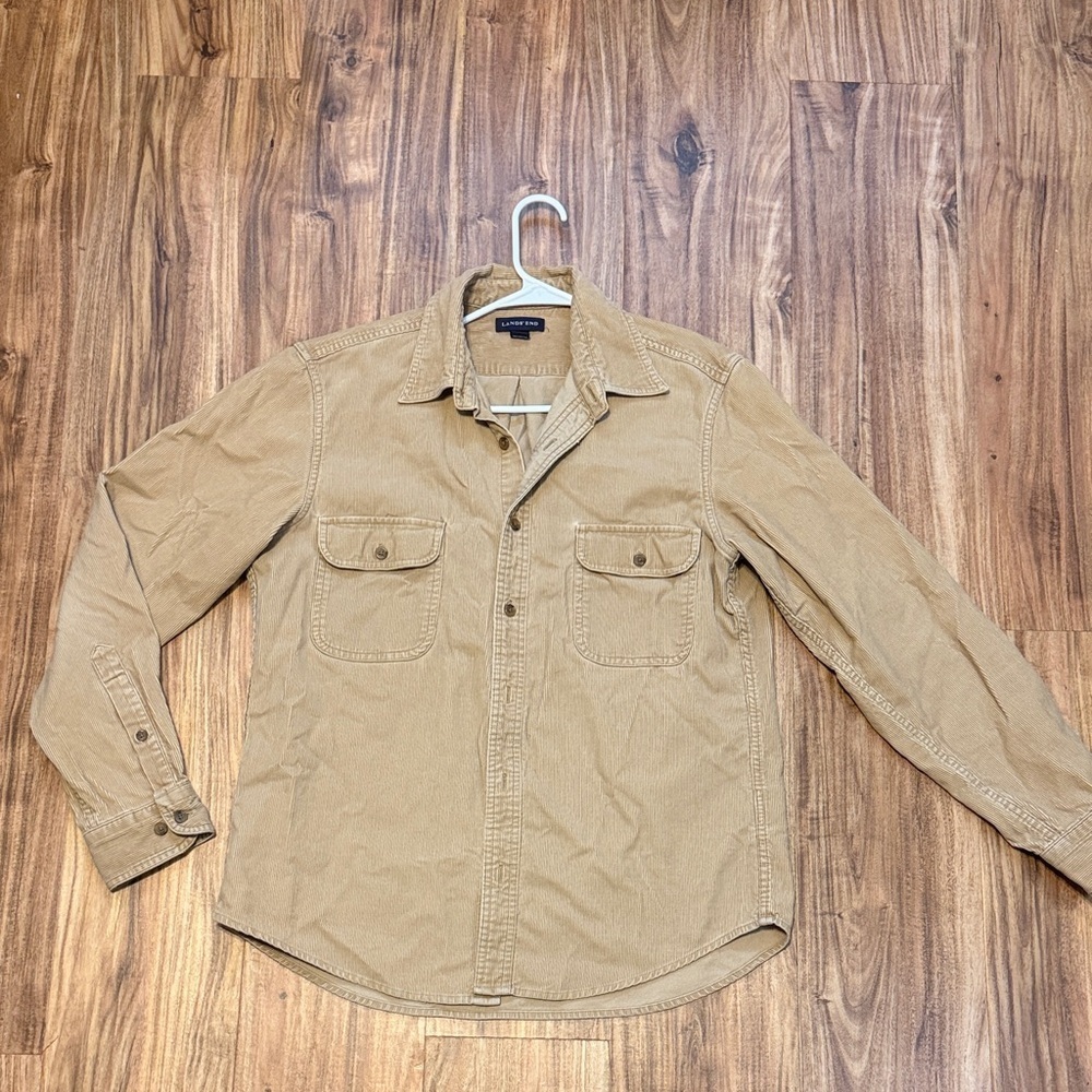 Lands' End men’s medium shirt button down shacket Beige tan Corduroy layering